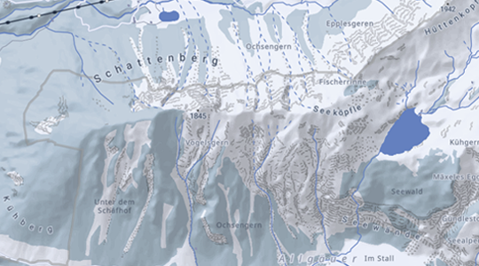 Kartenausschnitt der Webkarte Vektor mit winterlichen Farben vom Schattenberg in den Allgäuer Alpen